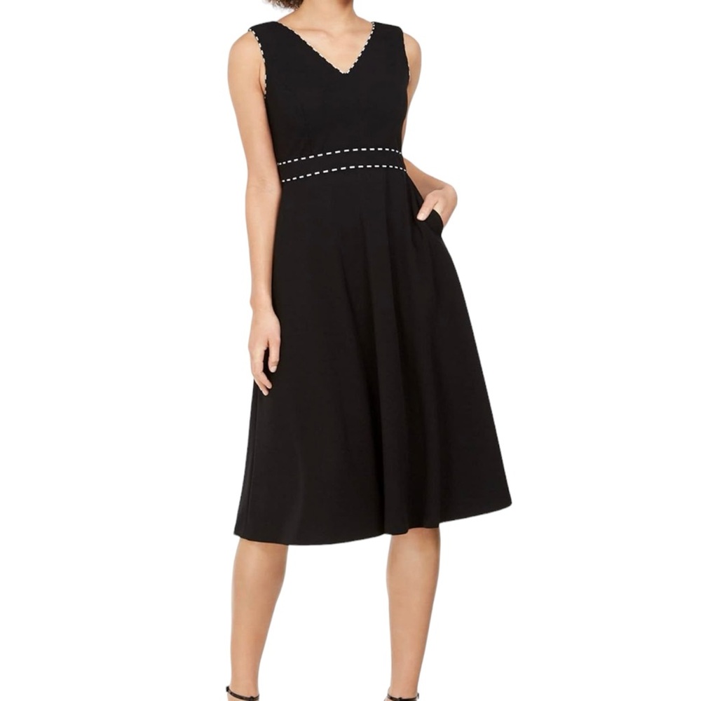 Calvin Klein CK V-Neck Sleeveless A-Line Black Midi Dress Women's Size 2